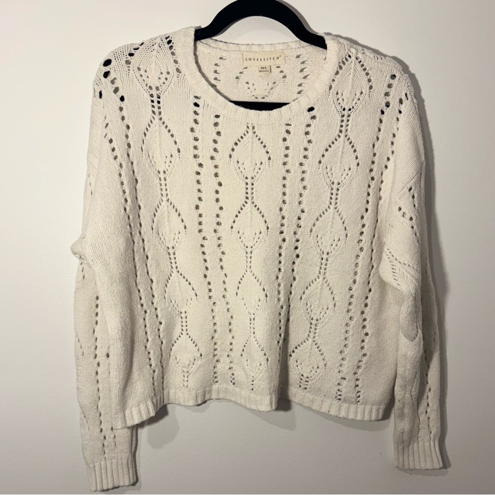 LoveStitch Cream Open Knit Sweater – Women’s M/L – Boho Chunky Knit Pullover